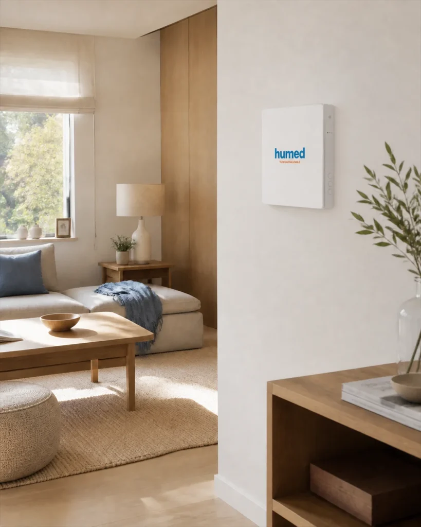 Sistema de ventilación Humed instalado en la pared de un salón
