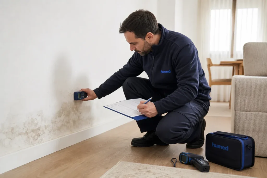 Técnico de Humed midiendo la humedad de una pared con moho