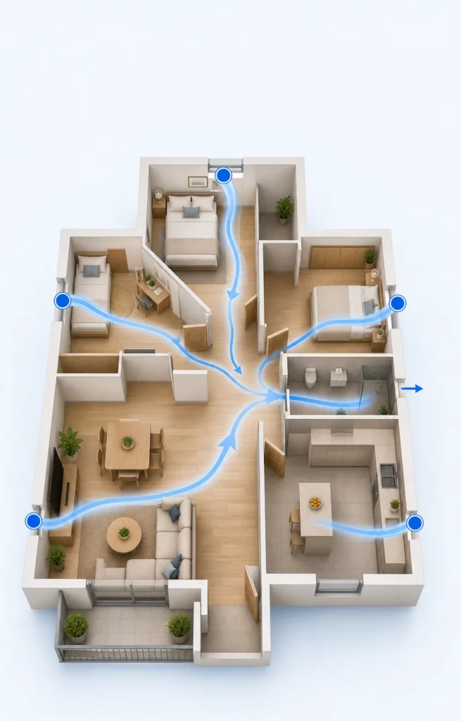 Plano 3D del recorrido del aire en una vivienda con ventilación mecánica