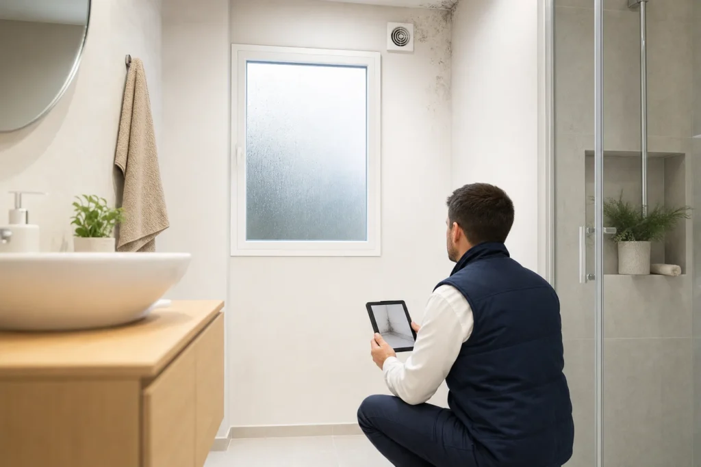 Técnico revisando la condensación y el moho de un baño