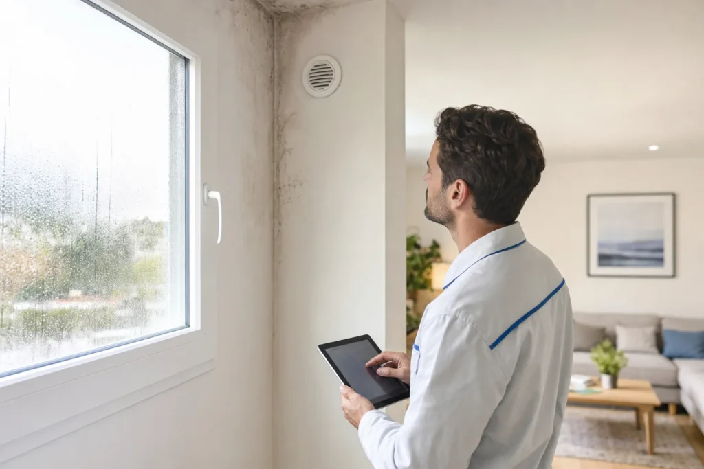 Técnico evaluando la humedad y el moho de una vivienda